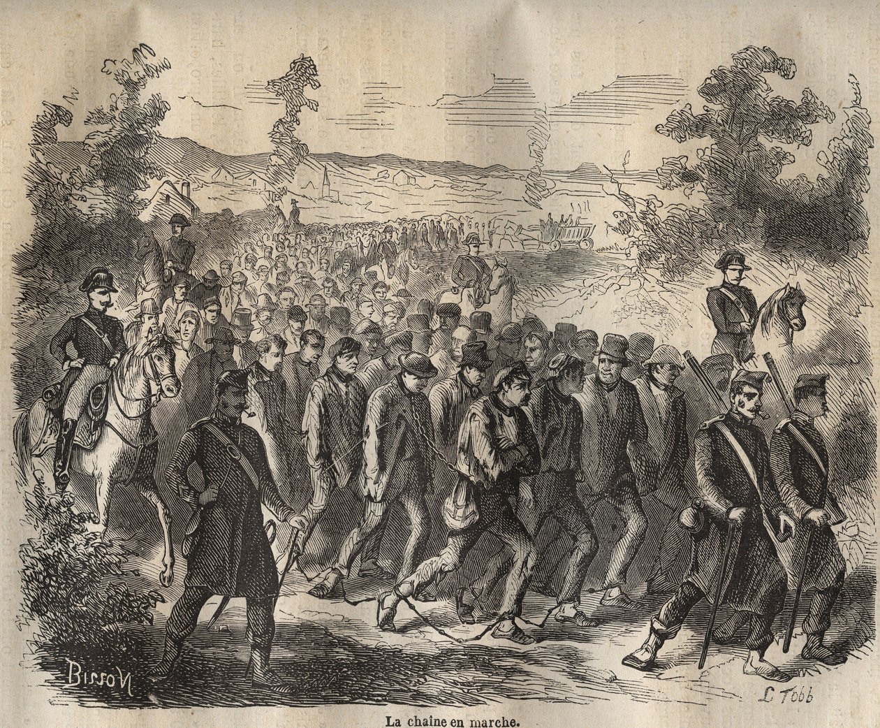La catena iniziata al Bagne di Tolone nel XIX secolo. Incisione in "Histoire des bagnes depuis leur création à nos jours" (1877) di Pierre Zaccone (1817-1895). Collezione privata da Anonymous Anonymous