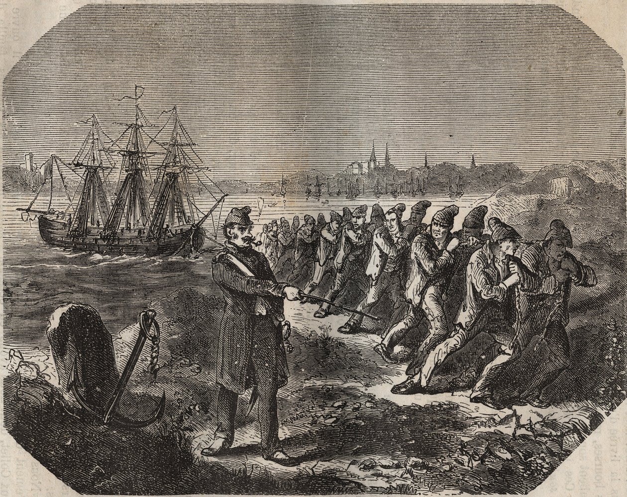 La cordelle (lavoro di grande fatica) al bagne di Rochefort nel XIX secolo. Incisione in 