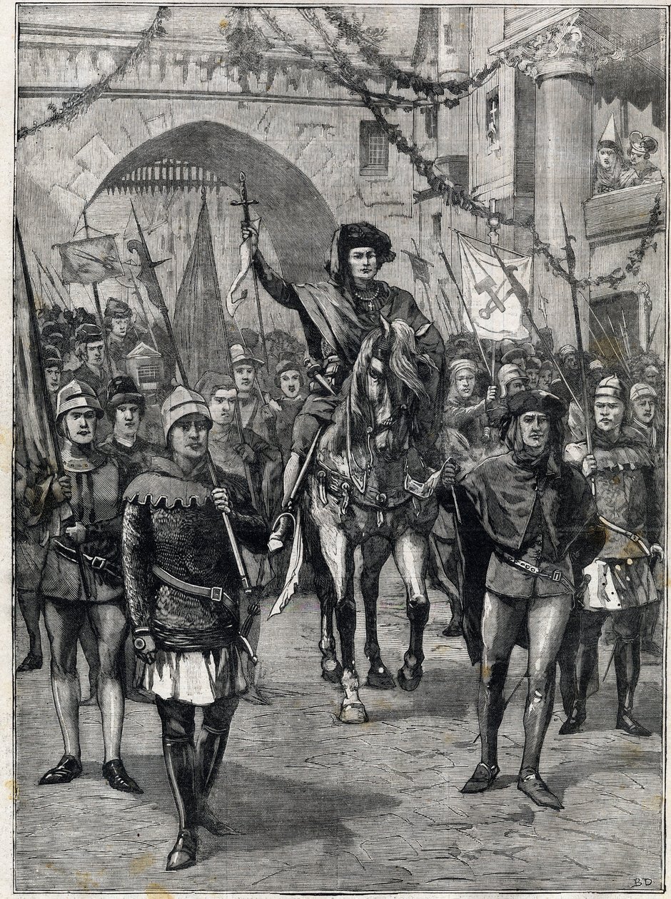 Il corteo delle corporazioni nel XIV secolo: Il prevosto dei mercanti di Parigi. Incisione. In "Le petit parisien", del 18/06/1899. Collezione privata. da Anonymous Anonymous