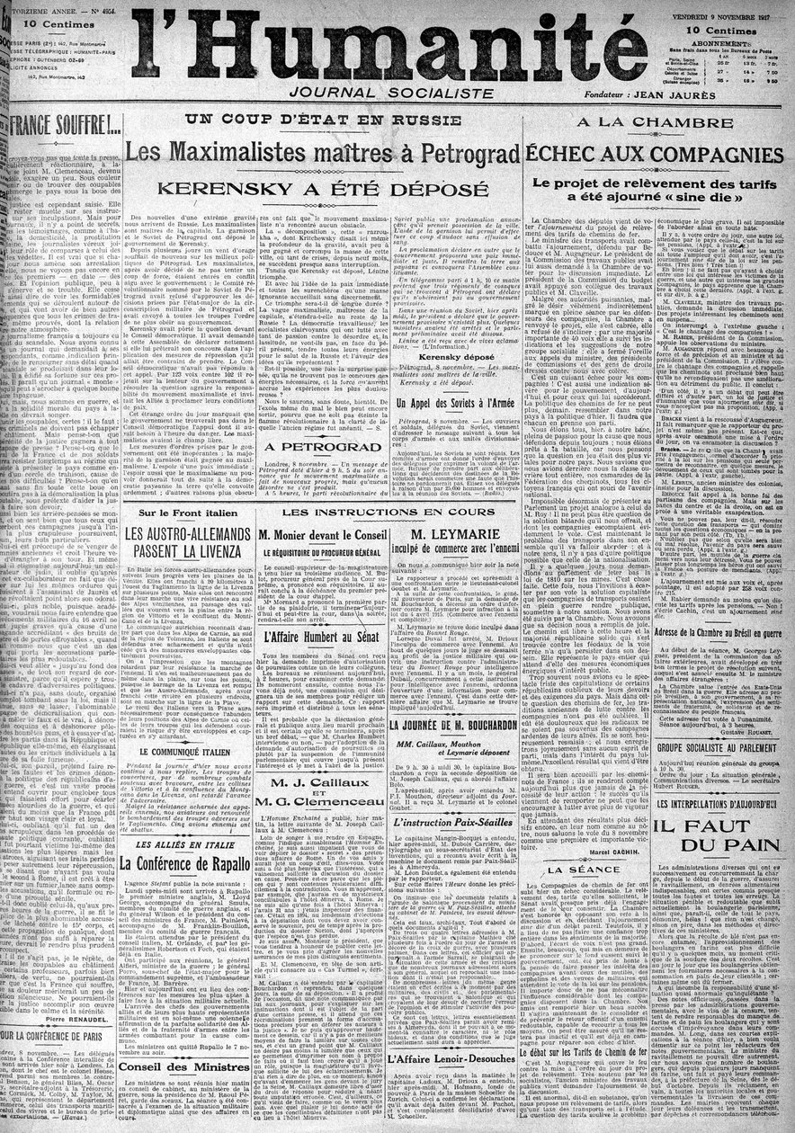 Il colpo di stato in Russia sui titoli del giornale socialista "Humanity". Titoli: "I padroni massimalisti a Pietrogrado", "Kerensky è stato deposto", 9/11/1917 da Anonymous Anonymous