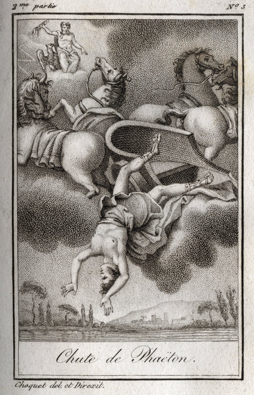 La caduta di Fetonte. Fetonte, incapace di controllare il carro di Elio, fu colpito da Zeus e cadde nel fiume Eridano. Incisione del 1819 in 