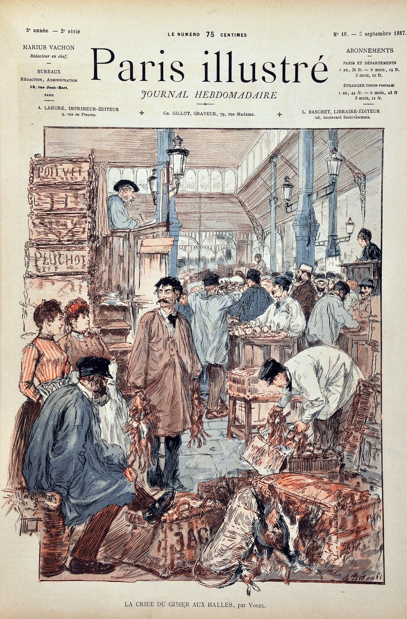 Il gioco criee alle Halles di Parigi nel 1887. Illustrazione di Hermann Vogel (1856-1918). Incisione del 1887 in "Paris-Illustrous journal weekly". da Anonymous Anonymous