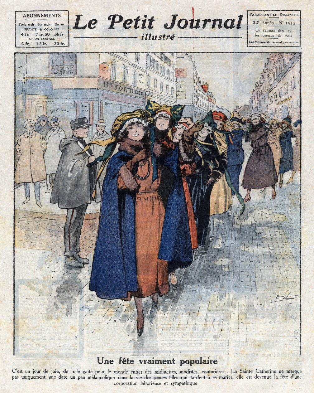 Il viaggio delle catherinettes, giovani ragazze celibi che indossano cappelli tradizionali, per le strade di Parigi. Illustrazione tratta da "Le petit journal illustré" del 04/12/1921. Collezione privata da Anonymous Anonymous