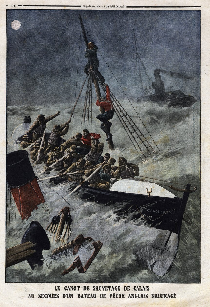 La scialuppa di salvataggio di Calais per soccorrere un peschereccio inglese che affonda. Incisione in "Le Petit Journal", l