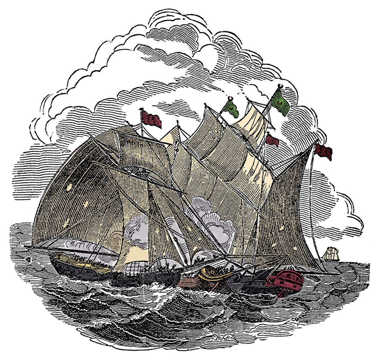 La nave del pirata Henry Every attaccò nel settembre 1695 la flotta del grande Mughal Aurangzeb al largo di Surat, India. Incisione da 