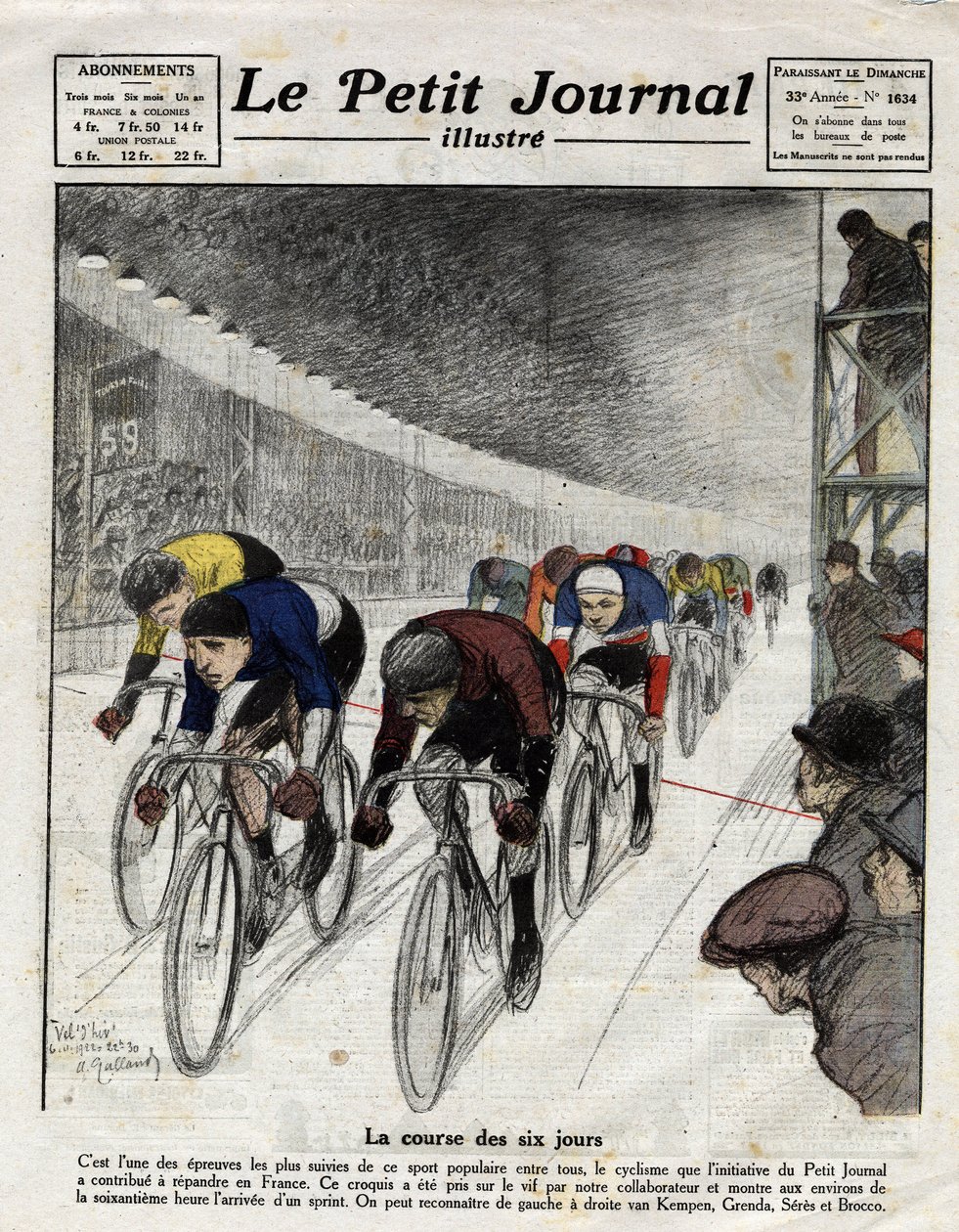 La corsa dei sei giorni: Piet van Kempen (1898-1985), Alfred Grenda, Seres e Maurice Brocco (1883-1965) durante lo sprint. Incisione in Le Petit Journal illustrato, il 16/04/1922 da Anonymous Anonymous