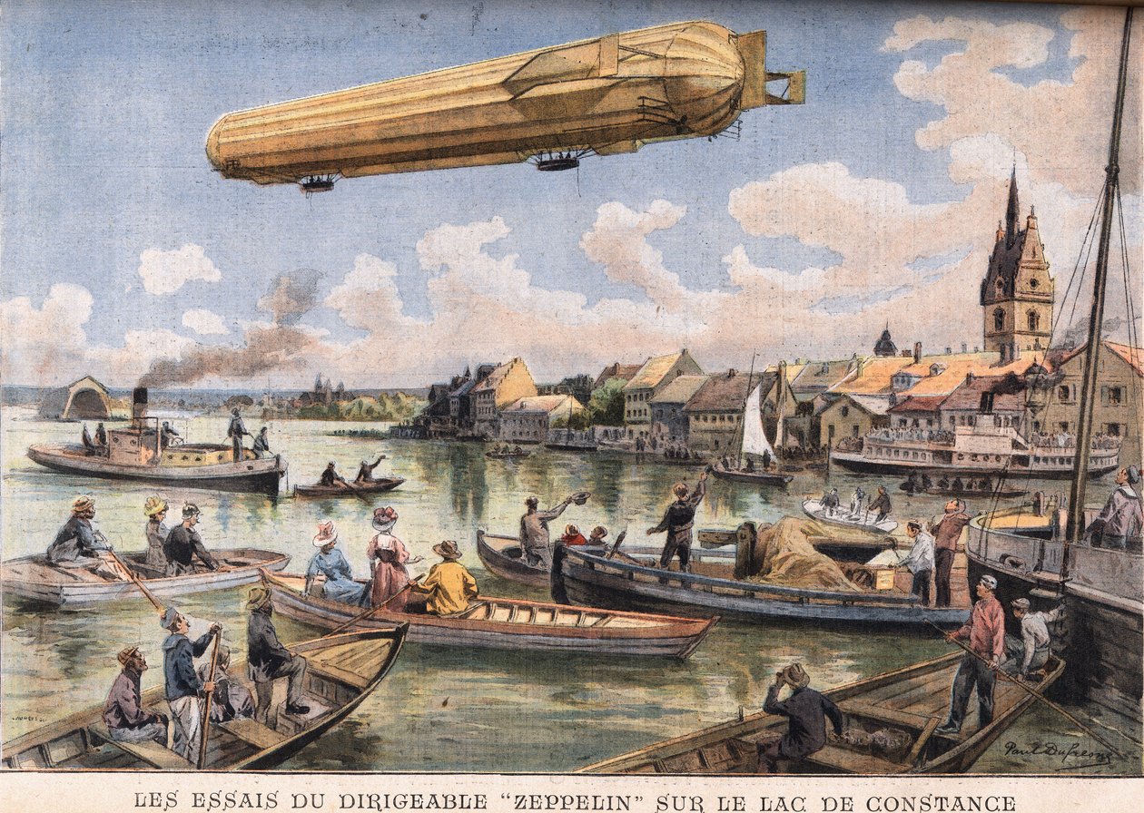 Le prove del dirigibile Zeppelin sul Lago di Costanza in Germania. Incisione dal giornale 