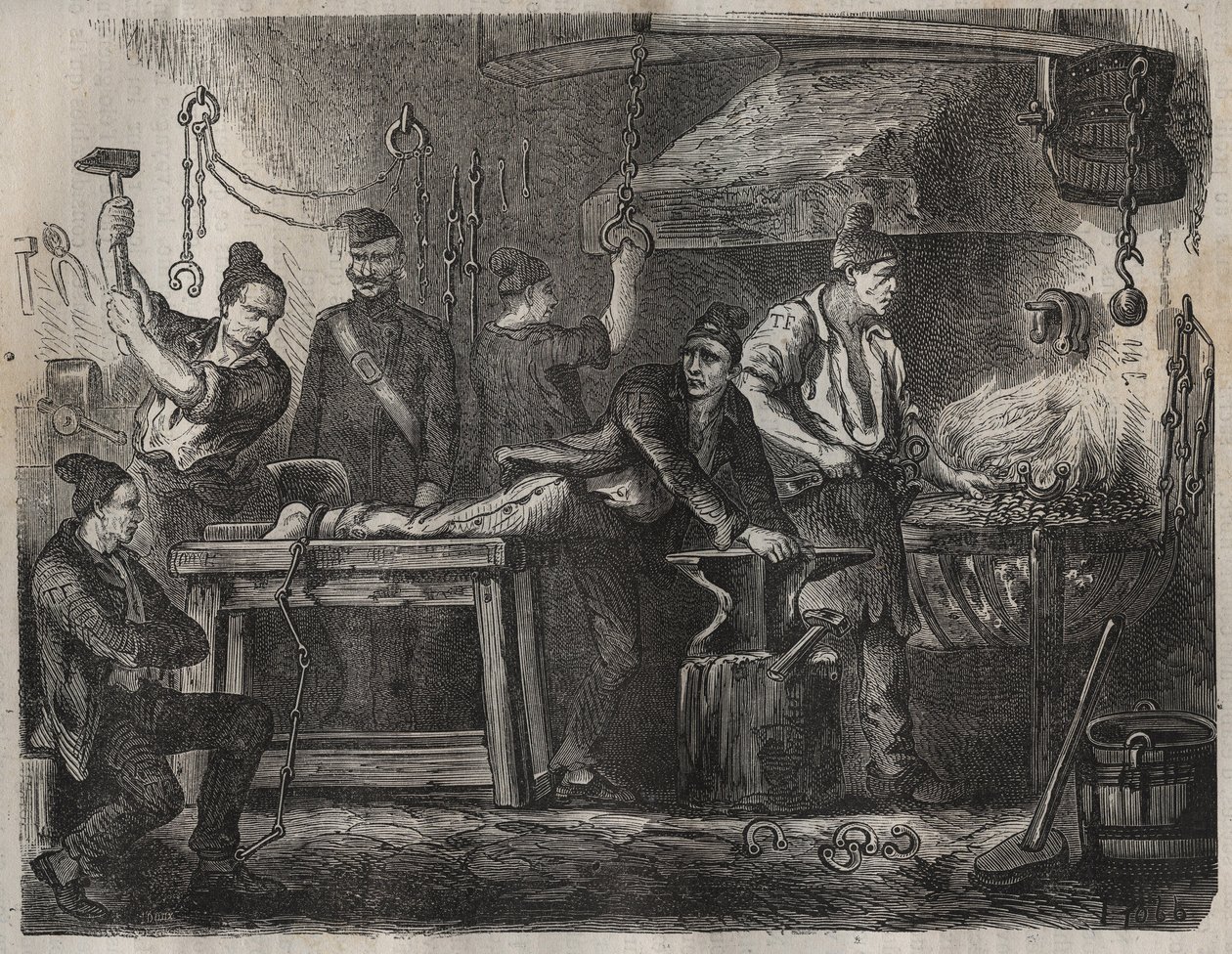 Il trasferimento al bagne di Tolone nel XIX secolo. Incisione in "Histoire des bagnes depuis leur création à nos jours" (1877) di Pierre Zaccone (1817-1895) (Colonia Penale). Collezione privata da Anonymous Anonymous