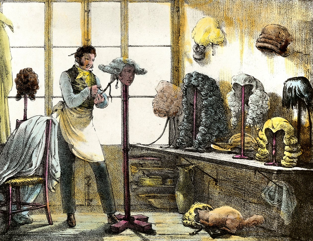 Il parrucchiere che acconcia una parrucca di catogan, parrucchiere da uomo. Incisione da Mirror shows, lettere, meds, ecc. Le arti 1821-1823 Collezione privata da Anonymous Anonymous