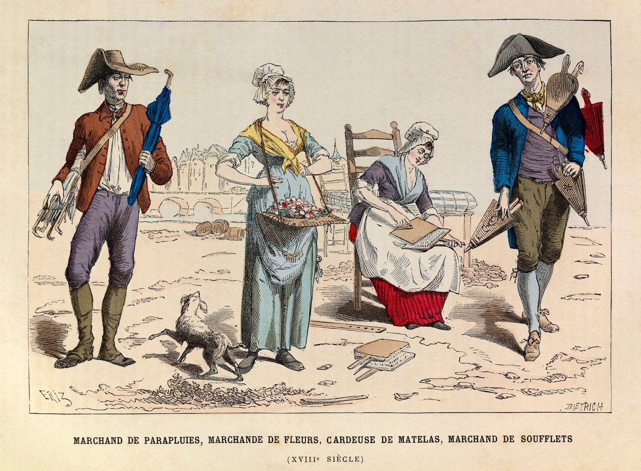 Venditore di ombrelli, venditore di fiori, cardatore di materassi e venditore di soffietti a Parigi nel XVIII secolo - collezione privata da Anonymous Anonymous