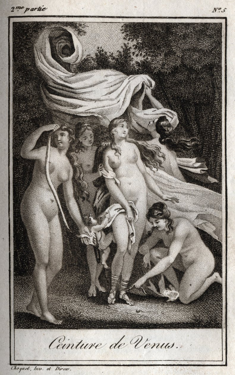Cintura di Venere: mentre la battaglia continua a favore dei Troiani, Giunone usa la cintura di Venere per incantare Giove e il sonno per addormentarlo. Incisione del 1819 in "Lettere a Emilie sulla mitologia" di Charles Albert Demoustier (1760-1801). Coll da Anonymous Anonymous
