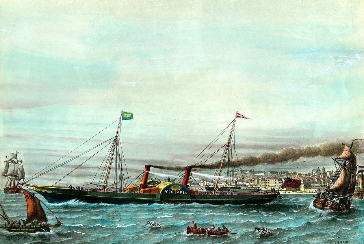Vascello a ruota la Victoria in servizio tra Boulogne sur mer e Folkestone. Incisione del XIX secolo. Collezione privata da Anonymous Anonymous