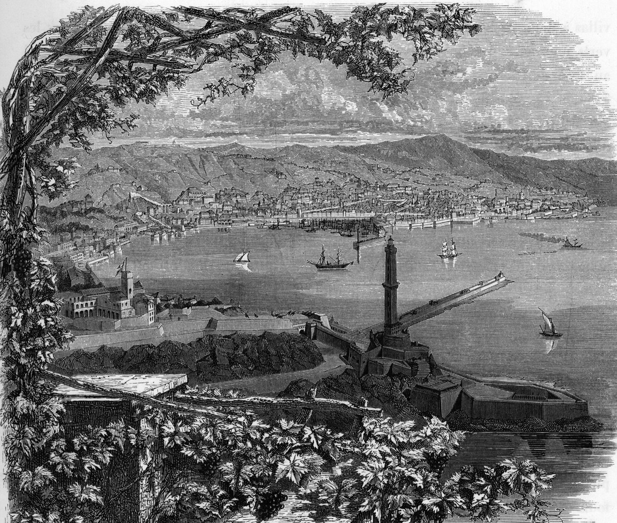 Veduta della città di Genova, Italia. Incisione del 1859 in "Le gallerie d
