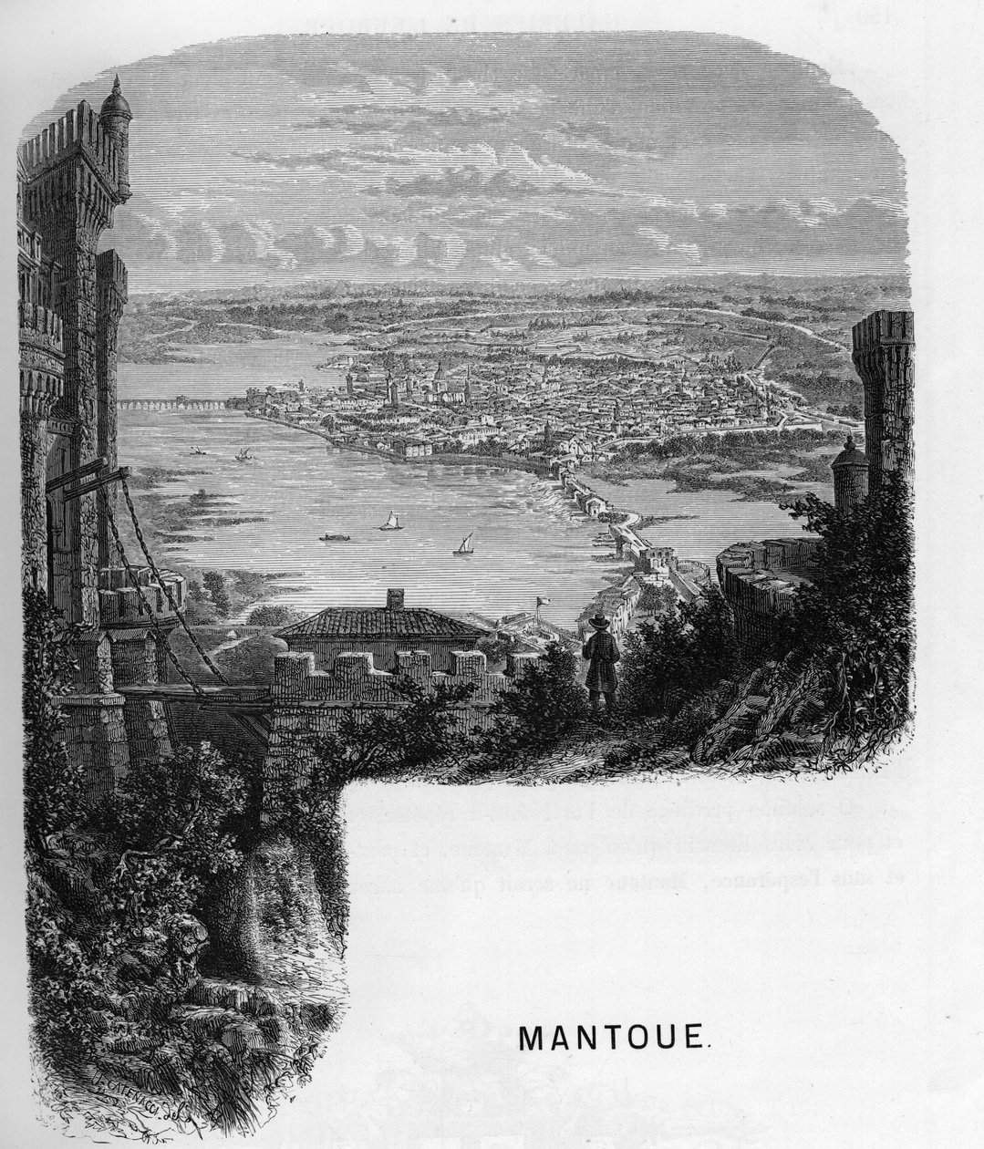 Veduta della città di Mantova, Italia. Incisione del 1859 in 