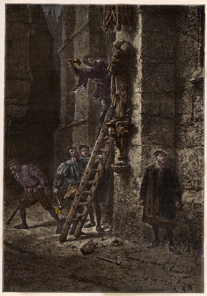 Guerra di Religione - Iconoclastia - Distruzione di oggetti sacri da parte degli eretici (protestanti) nel XVI secolo in Francia - Eretici iconoclasti in Francia - Furia iconoclasta - I protestanti distruggono immagini di Maria e del Bambino Gesù - incisio da Anonymous Anonymous