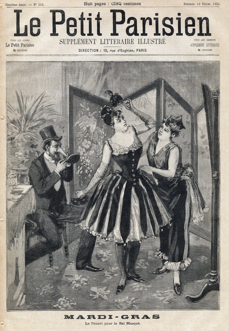 Donne che preparano il loro travestimento dietro uno schermo e uomo che prova la sua maschera a forma di tubo di elefante per il Ballo in Maschera del Carnevale. da Anonymous Anonymous