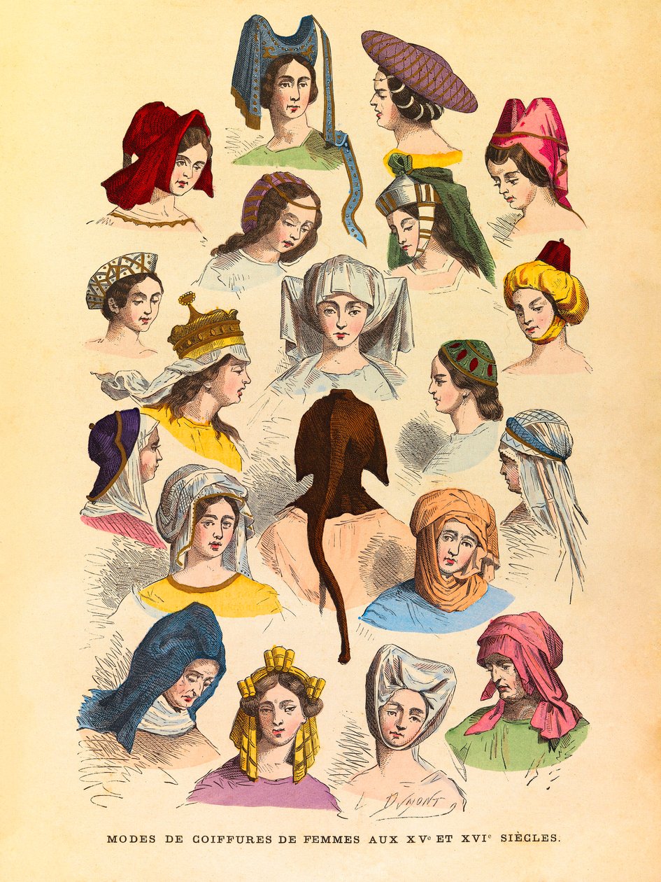Acconciature femminili nel XV e XVI secolo, incisione - collezione privata da Anonymous Anonymous