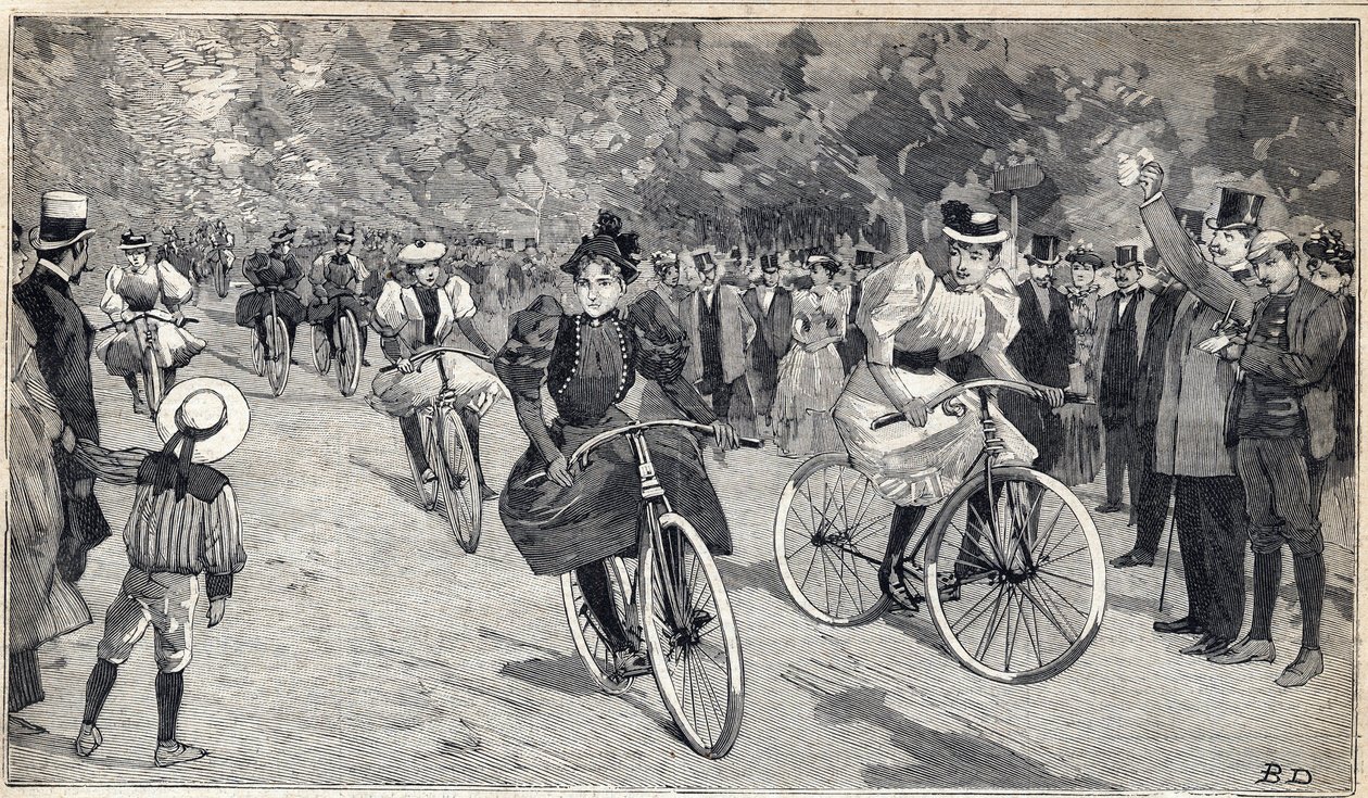 Corsa femminile di velocipedisti al Bois de Boulogne vicino a Parigi. Incisione in "Le Petit Parisien" del 25/06/1893 da Anonymous Anonymous