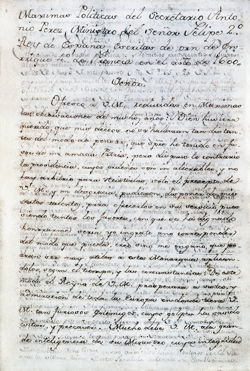 Scritti politici di Antonio Perez (1540-1611). Segretario politico spagnolo del re Filippo II di Spagna. Ecuador, Quito. Biblioteca Politica dell