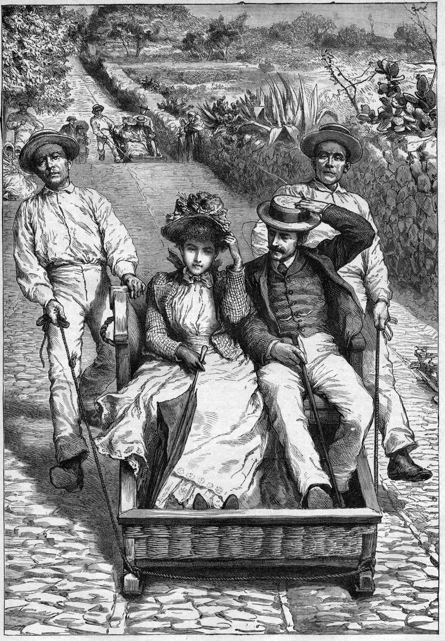 Carros de cesto a Madeira 1893 - Les corinhos (carrieros) a Madeira - uomini che guidano un sedile a due posti su ruote (un corinho). Incisione in 