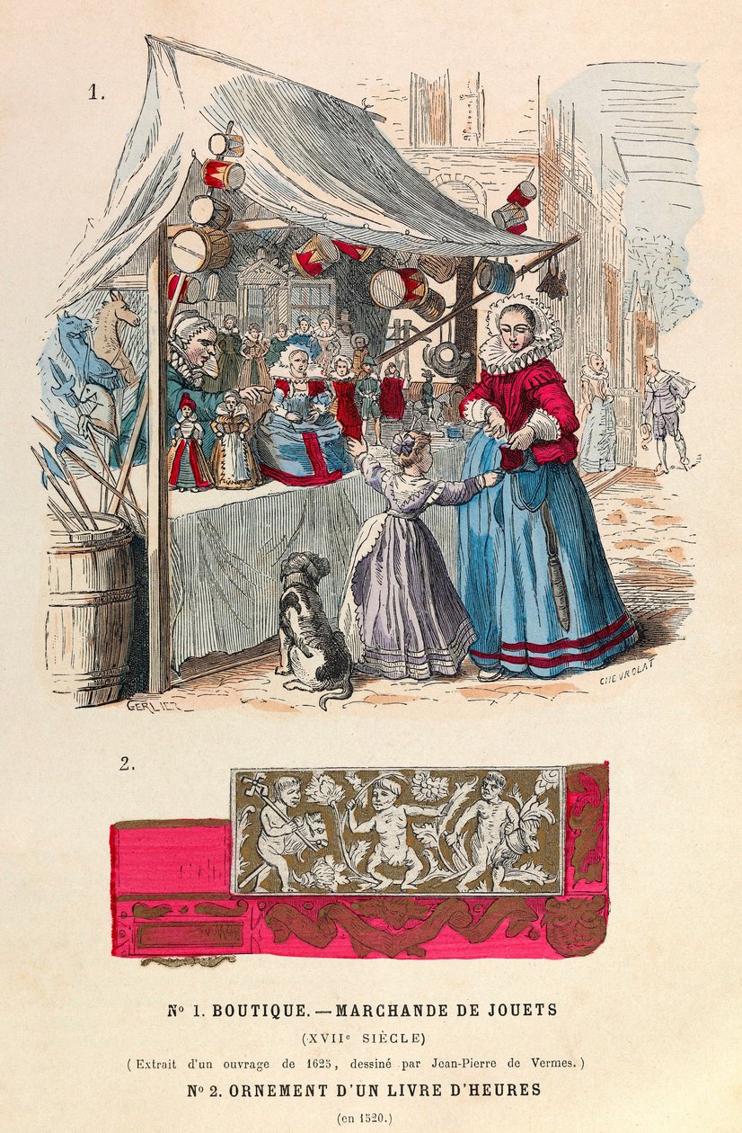 Una bottega di giocattoli nel XVII secolo / in basso un ornamento di un libro d