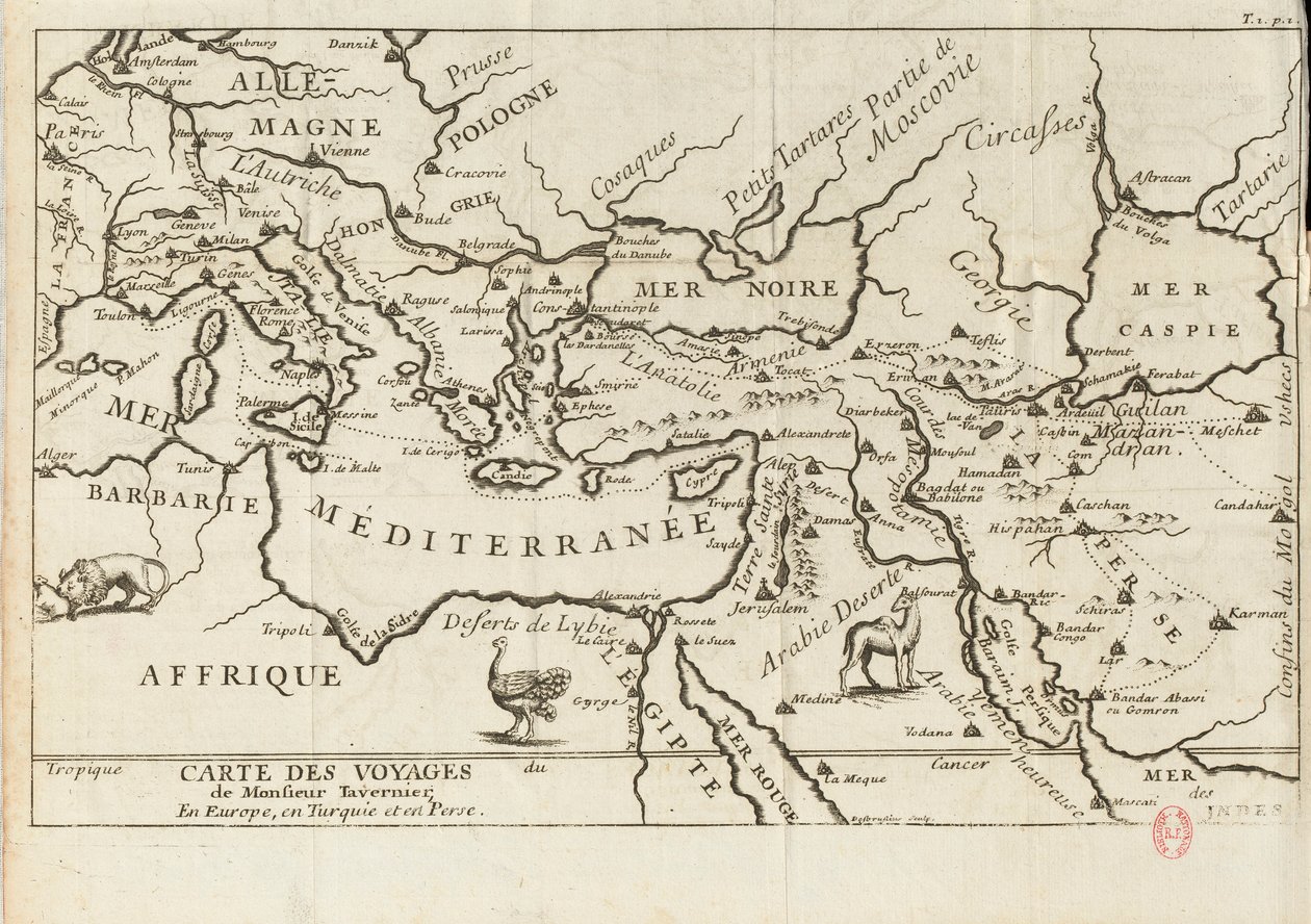 Mappa dei viaggi di Tavernier in Europa, Persia, Turchia da Anonymous master.