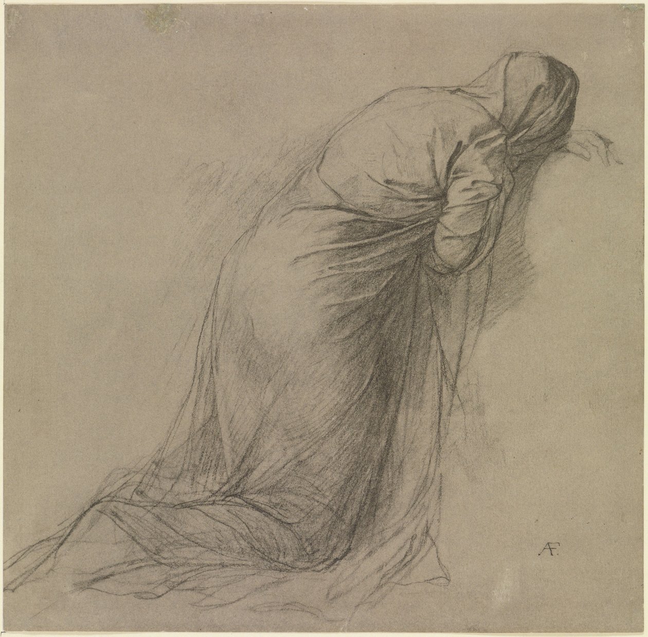 Studio di drappeggio di una figura femminile velata inginocchiata verso destra da Anselm Feuerbach