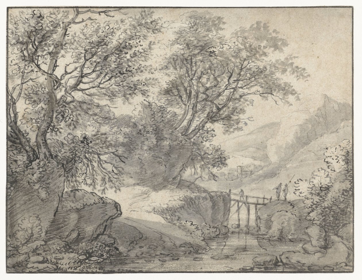 Paesaggio montano con alberi e un ponte su un ruscello da Anthonie Waterloo