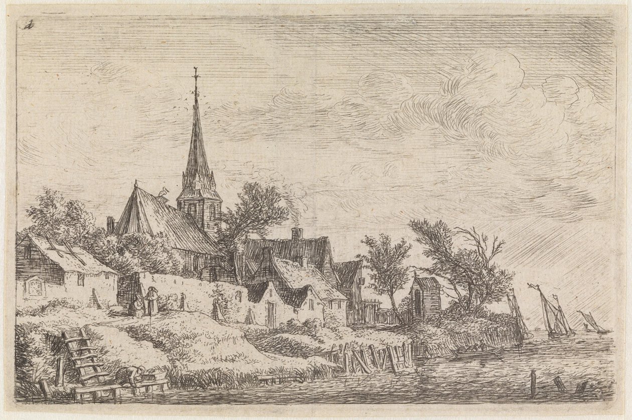 Villaggio con una chiesa dal campanile appuntito sulla riva del mare (n. 4 di una serie di 12 stampe) da Anthonie Waterloo