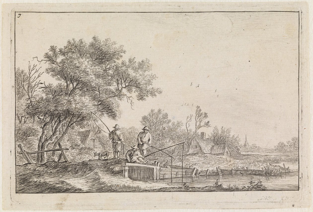 Tre pescatori sul ponticello (n. 7 di una serie di 12 stampe) da Anthonie Waterloo