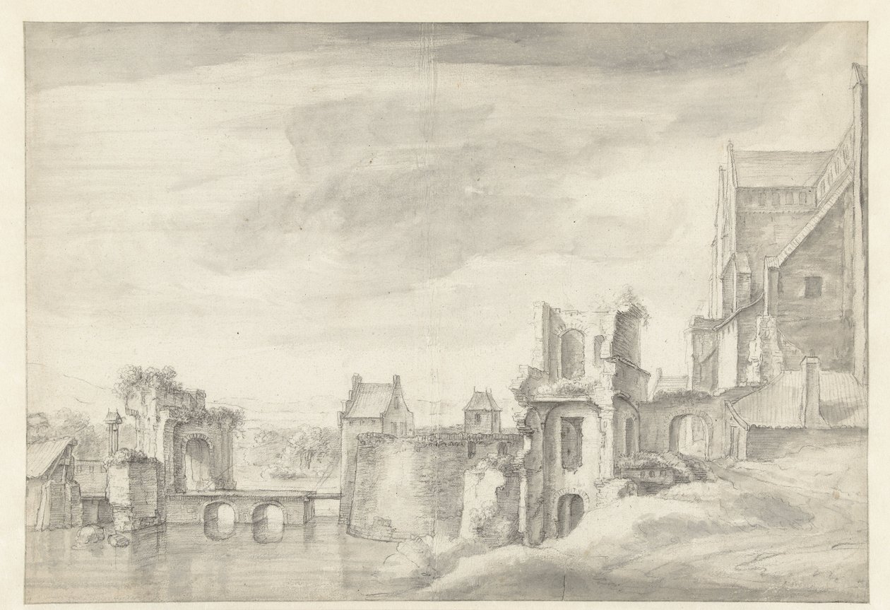 Veduta di rovine su una riva del fiume (Chiesa di San Walburga ad Arnhem?) da Anthonie Waterloo
