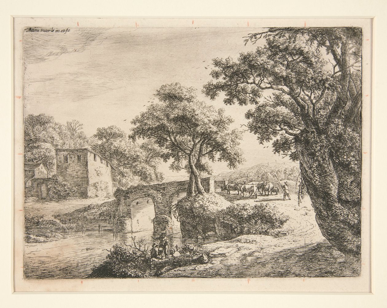 Gregge vicino a un ponte di pietra da Anthonie Waterloo