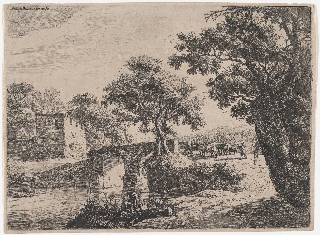 Gregge vicino a un ponte di pietra, XVII secolo da Anthonie Waterloo
