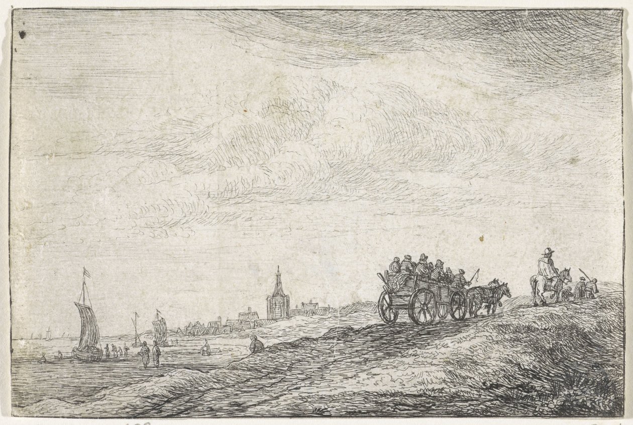 Linea costiera con cavallo e carro (serie Landschappen met bebouwing) da Anthonie Waterloo