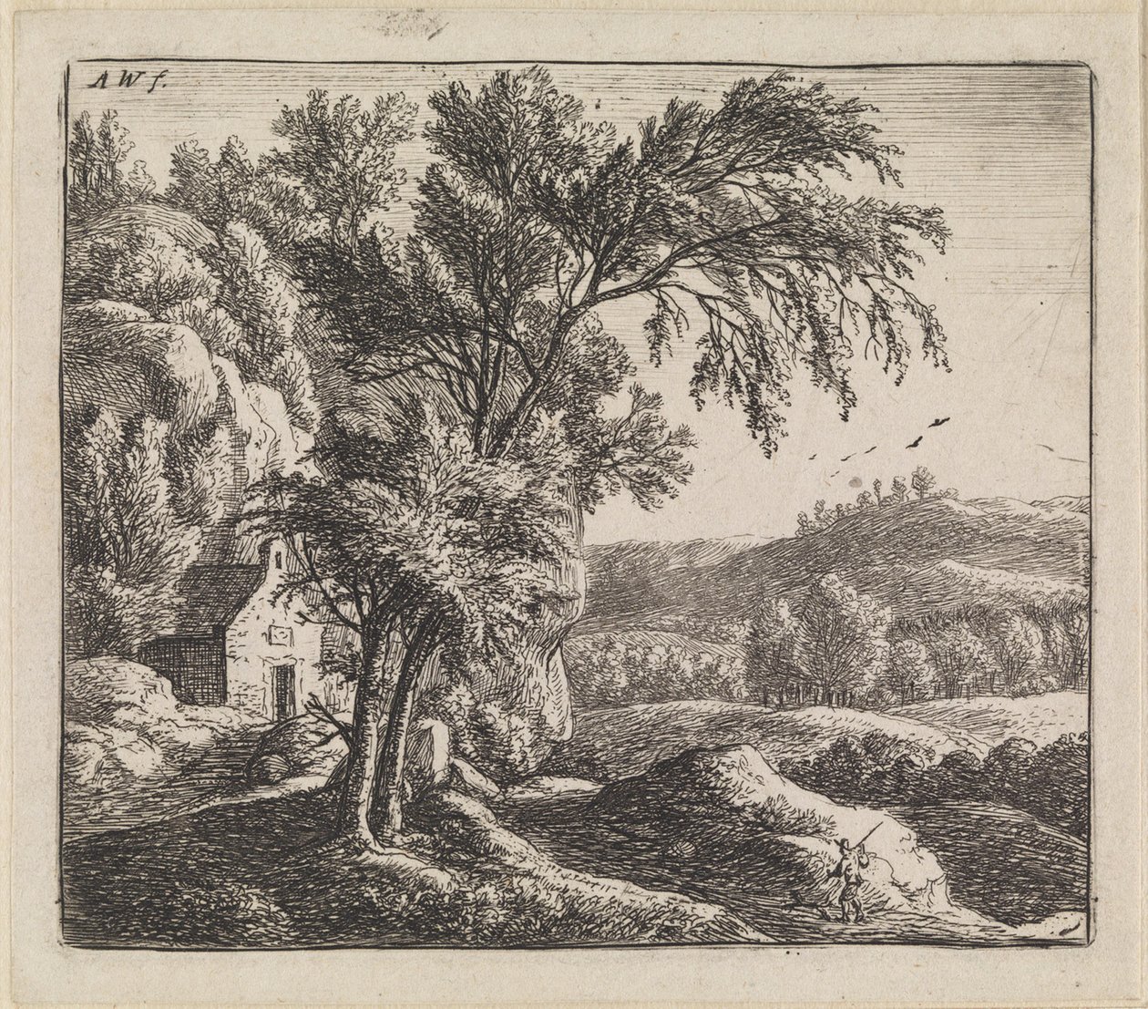 Paesaggio con casa presso una parete rocciosa da Anthonie Waterloo