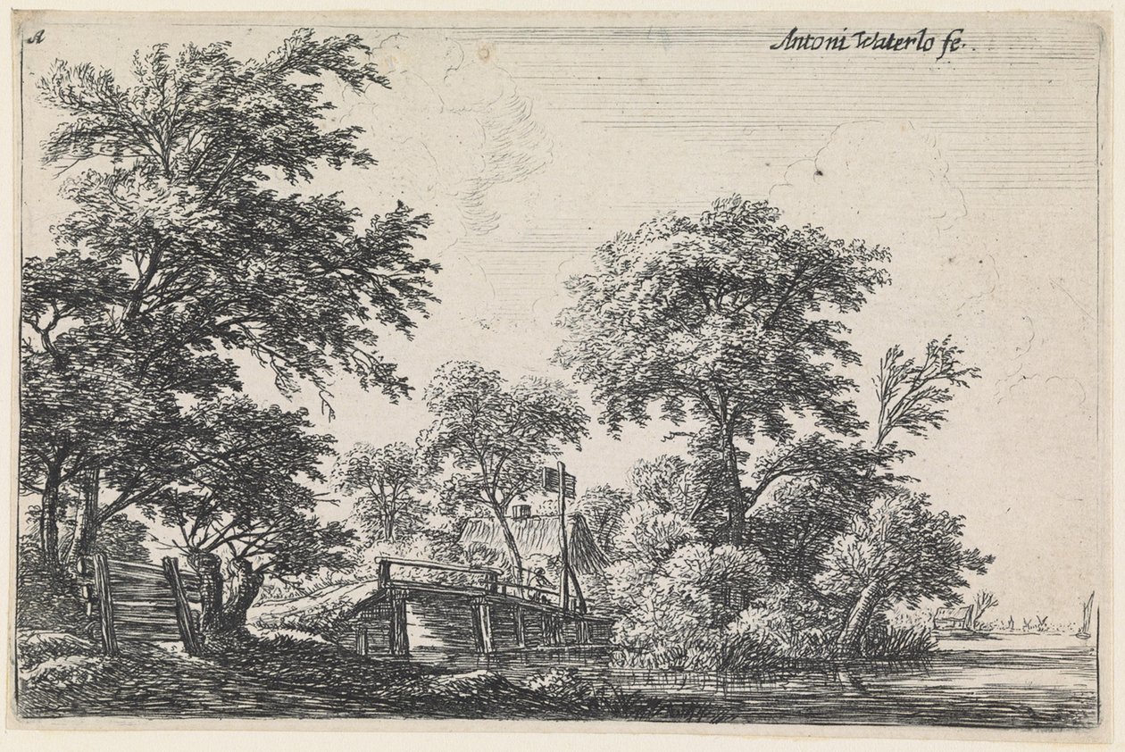 Paesaggio con una staccionata di legno in basso a sinistra (n. 1 di una serie di 12 stampe) da Anthonie Waterloo