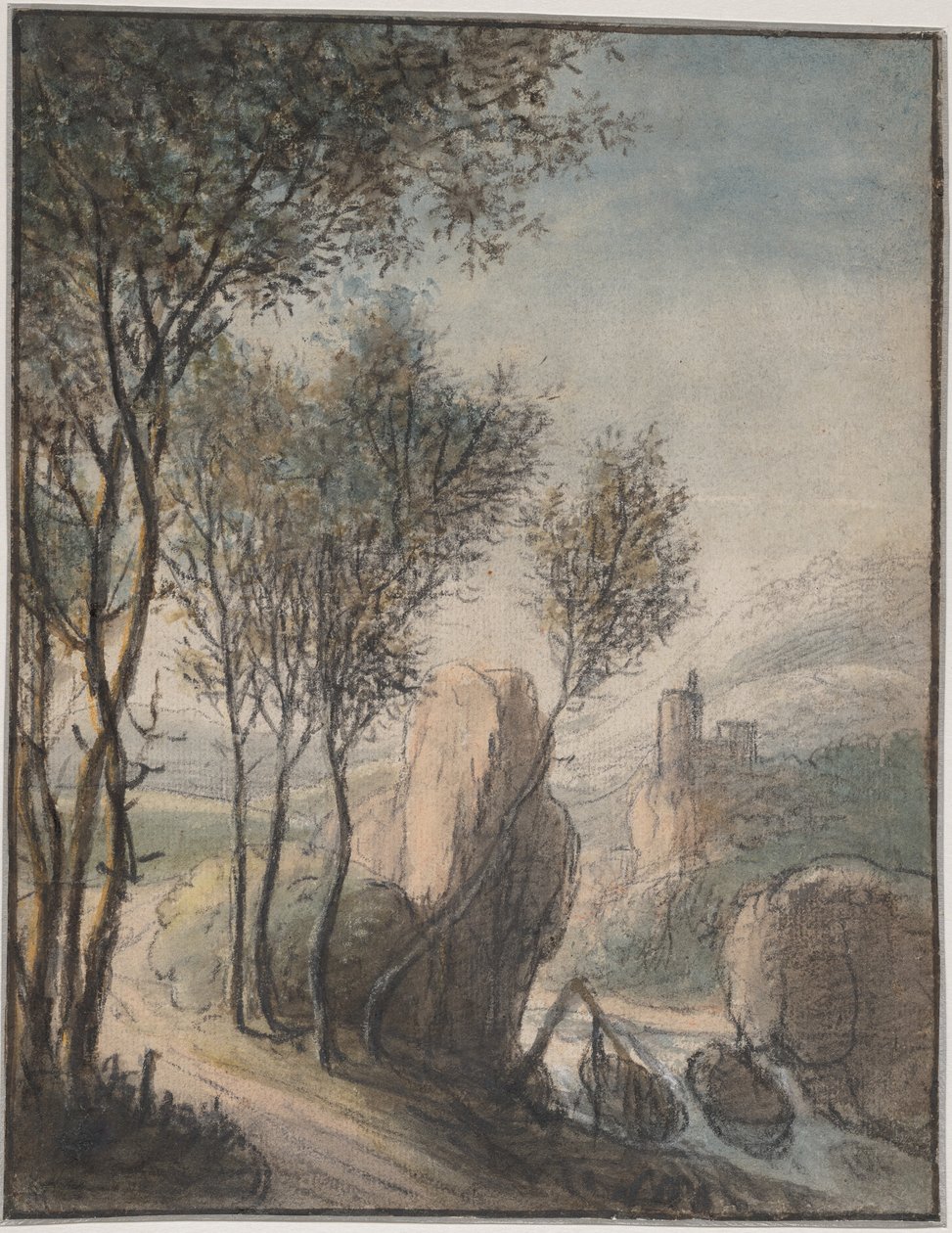 Paesaggio fluviale con castello in lontananza da Anthonie Waterloo