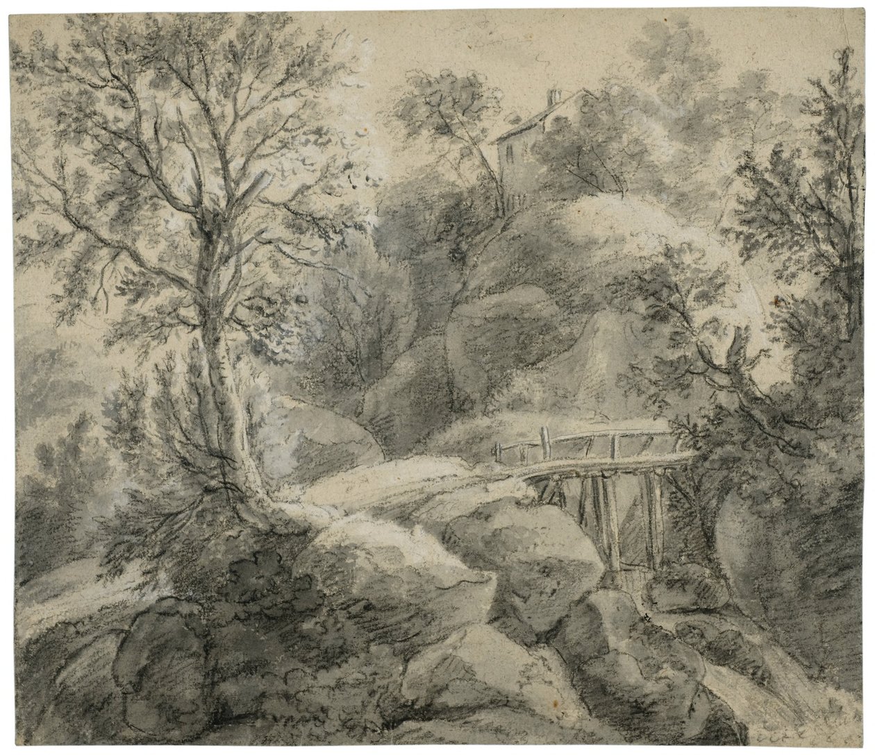 Paesaggio roccioso con un ponte che attraversa un ruscello da Anthonie Waterloo
