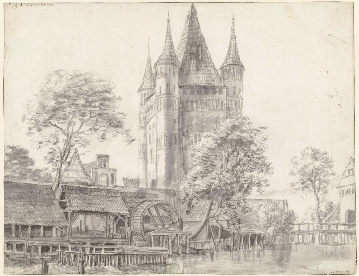 La porta della città Altenbrücker Tor e il mulino ad acqua a Lüneburg, vicino ad Amburgo da Anthonie Waterloo