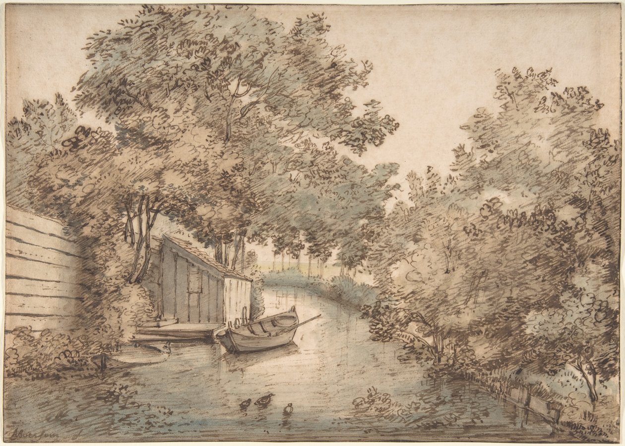 Canale con una barca e anatre da Anthonie van Borssom