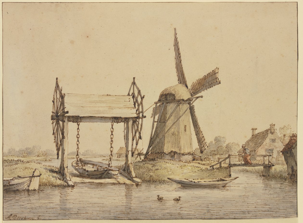 Paesaggio con ascensore per navi e mulino da Anthonie van Borssom