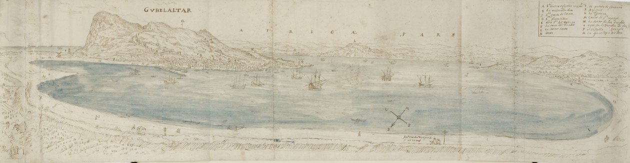 Vista panoramica sulla baia di Gibilterra verso la città e la costa africana oltre da Anthonis van den Wyngaerde