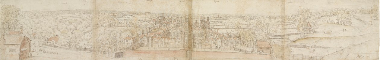 Palazzo di Oatlands dal sud, 1559. Verso: Palazzo di Richmond e tetti di Oatlands, 1559 da Anthonis van den Wyngaerde