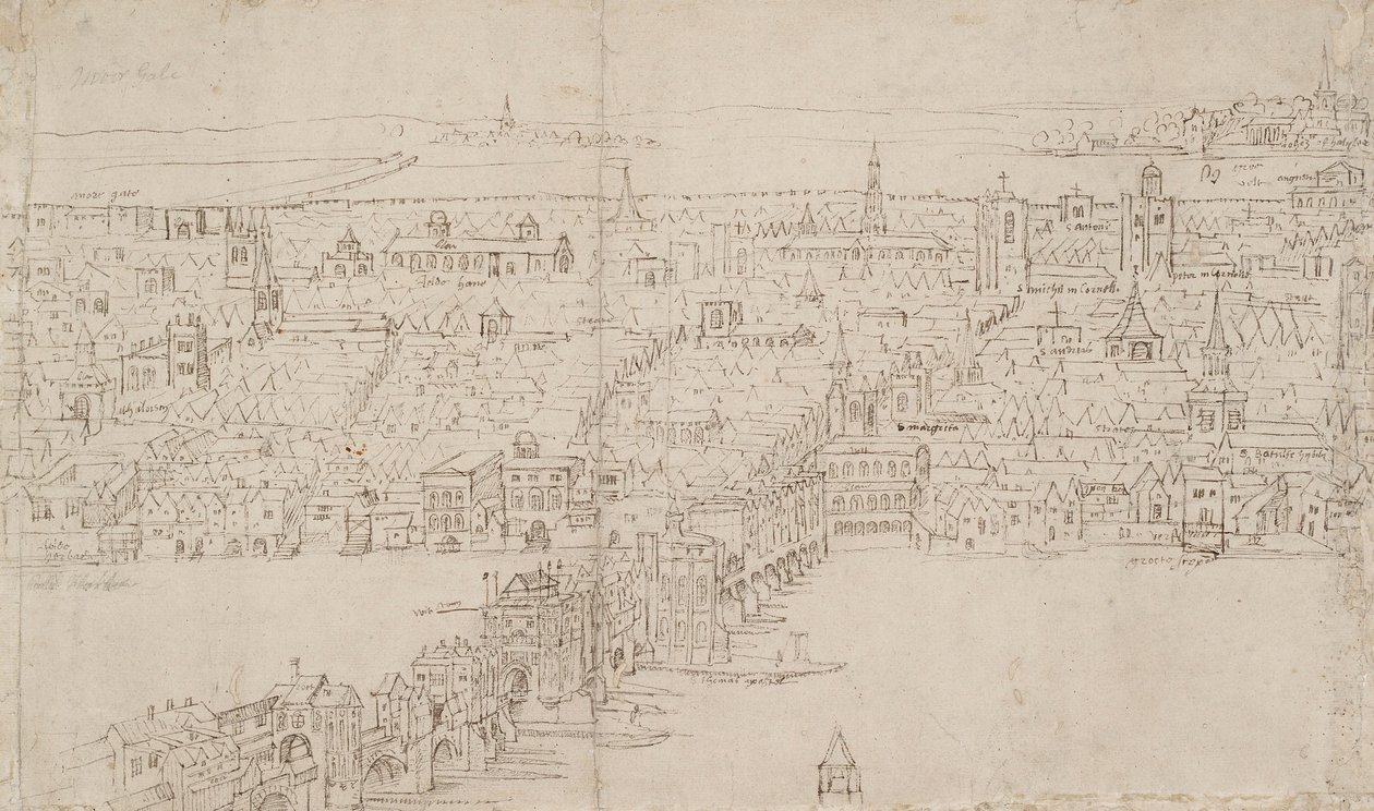 Panorama di Londra visto da Southwark: London Bridge da Anthonis van den Wyngaerde