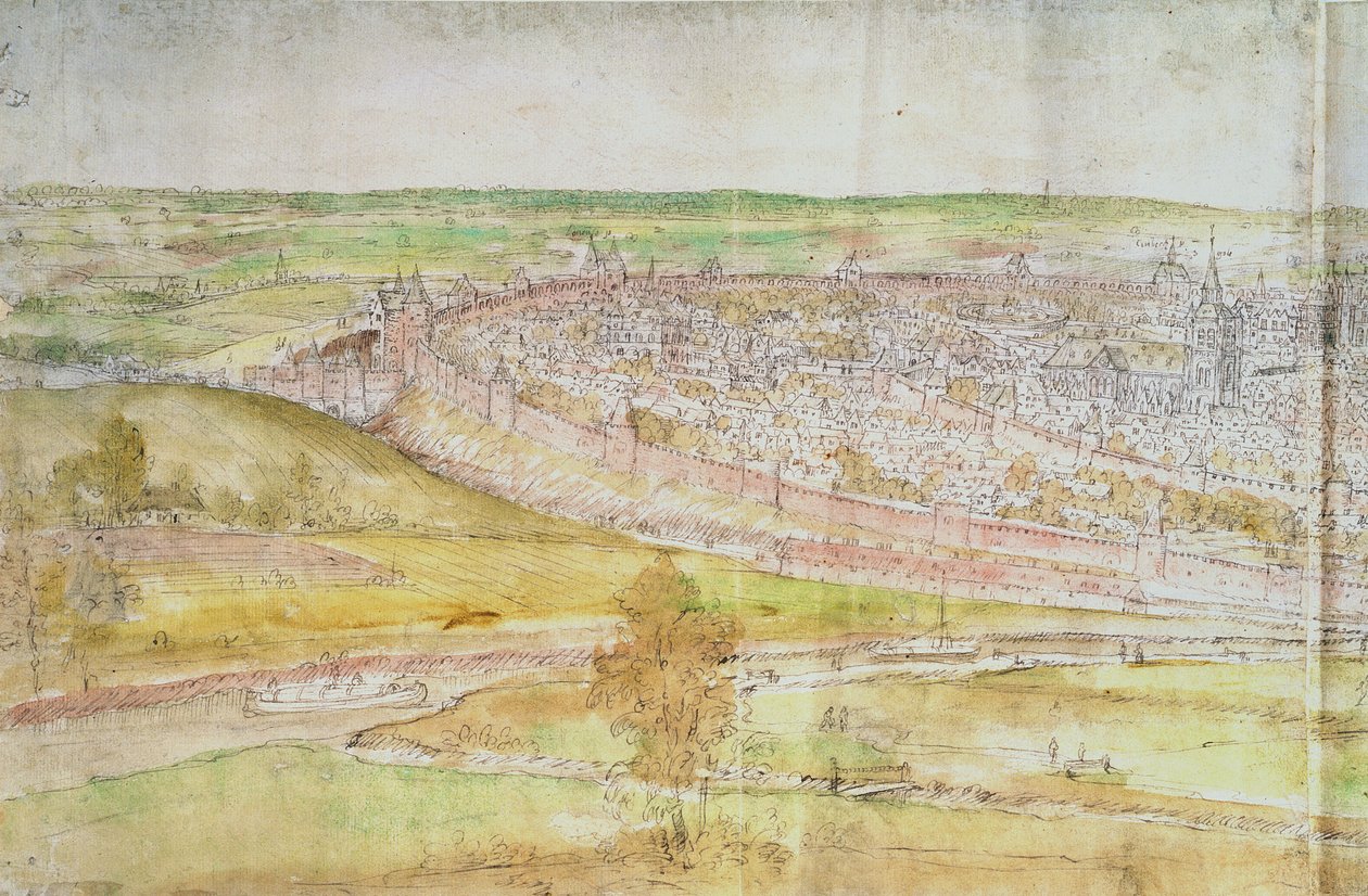 Veduta panoramica di Bruxelles, XVI secolo (penna e inchiostro e acquerello su carta) da Anthonis van den Wyngaerde