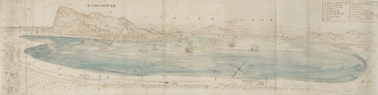 Vista panoramica sulla baia di Gibilterra da Anthonis van den Wyngaerde