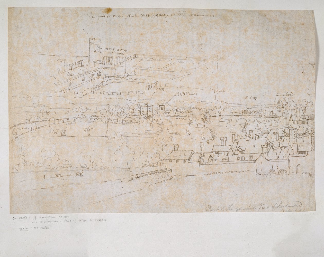 Foglio di studi dei palazzi di Hampton Court e Richmond e della campagna circostante da Anthonis van den Wyngaerde