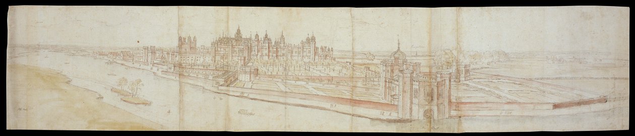 Veduta di Hampton Court Palace dal sud, con il fiume in primo piano, 1558 da Anthonis van den Wyngaerde