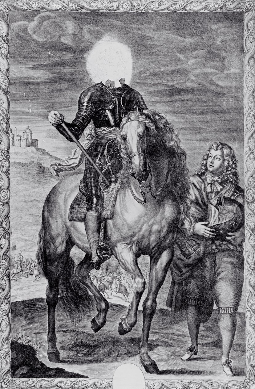 Ritratto equestre deturpato di Carlo I, inciso da Pierre Lombart (incisione) (foto b/n) da Anthony van (after) Dyck