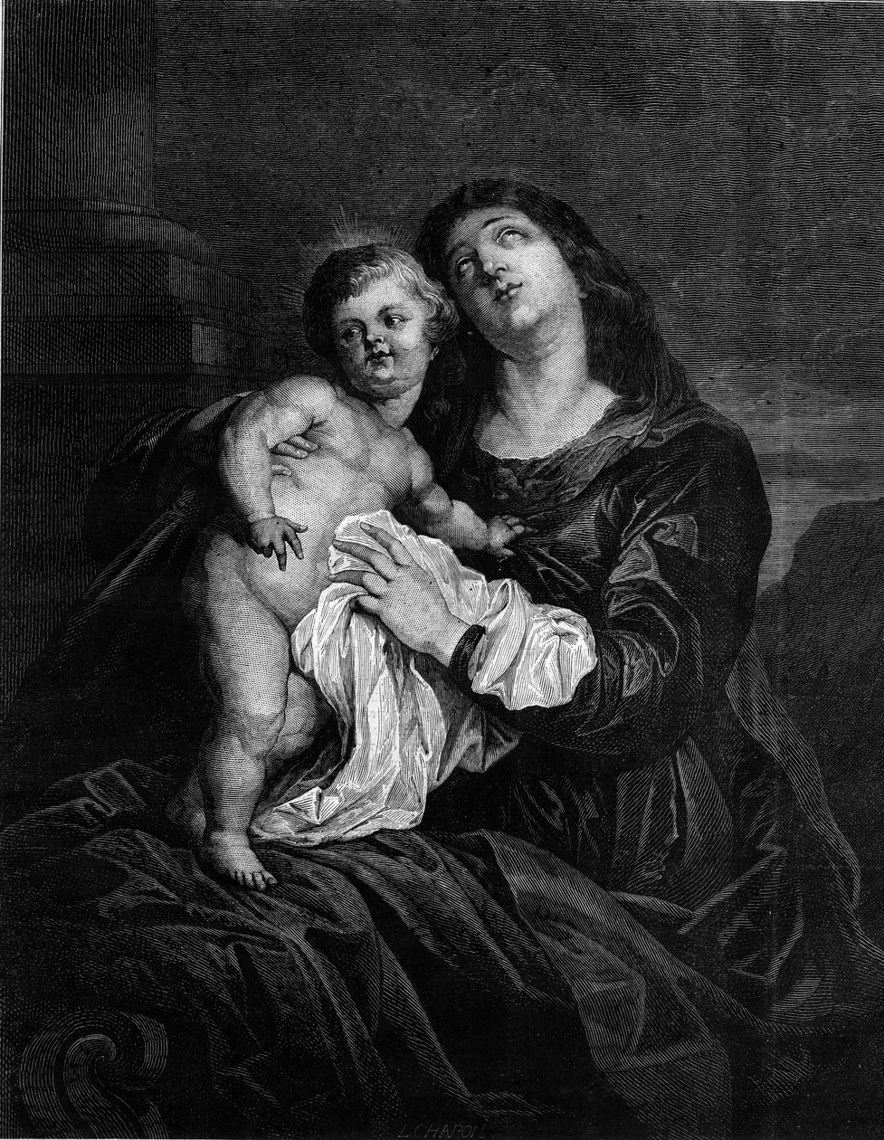 La Vergine e il Bambino Gesù. Incisione da un dipinto di Anton (Antoon o Anthony) van Dyck (1599-1641). Incisione in "Le Monde Illustré" n.1239 del 25 dicembre 1880 da Anthony van (after) Dyck